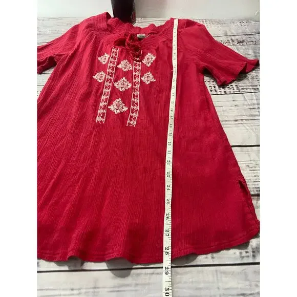 Catherines Top Womens 0X Red Embroidery Crepe Tassel Tie Smocked Neck Cotton - Picture 7 of 10